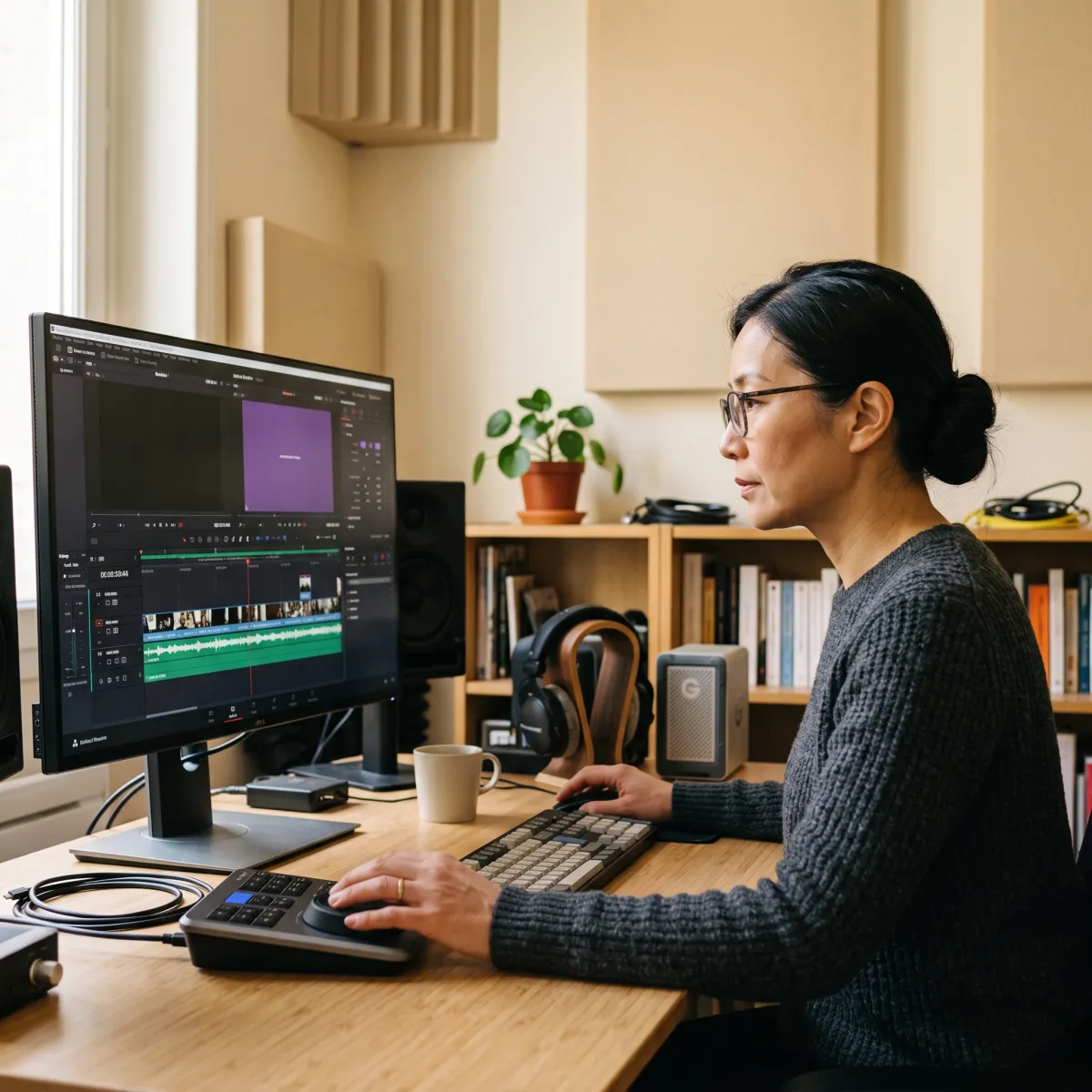 Monteuse vidéo au travail sur une timeline de montage, dans son studio