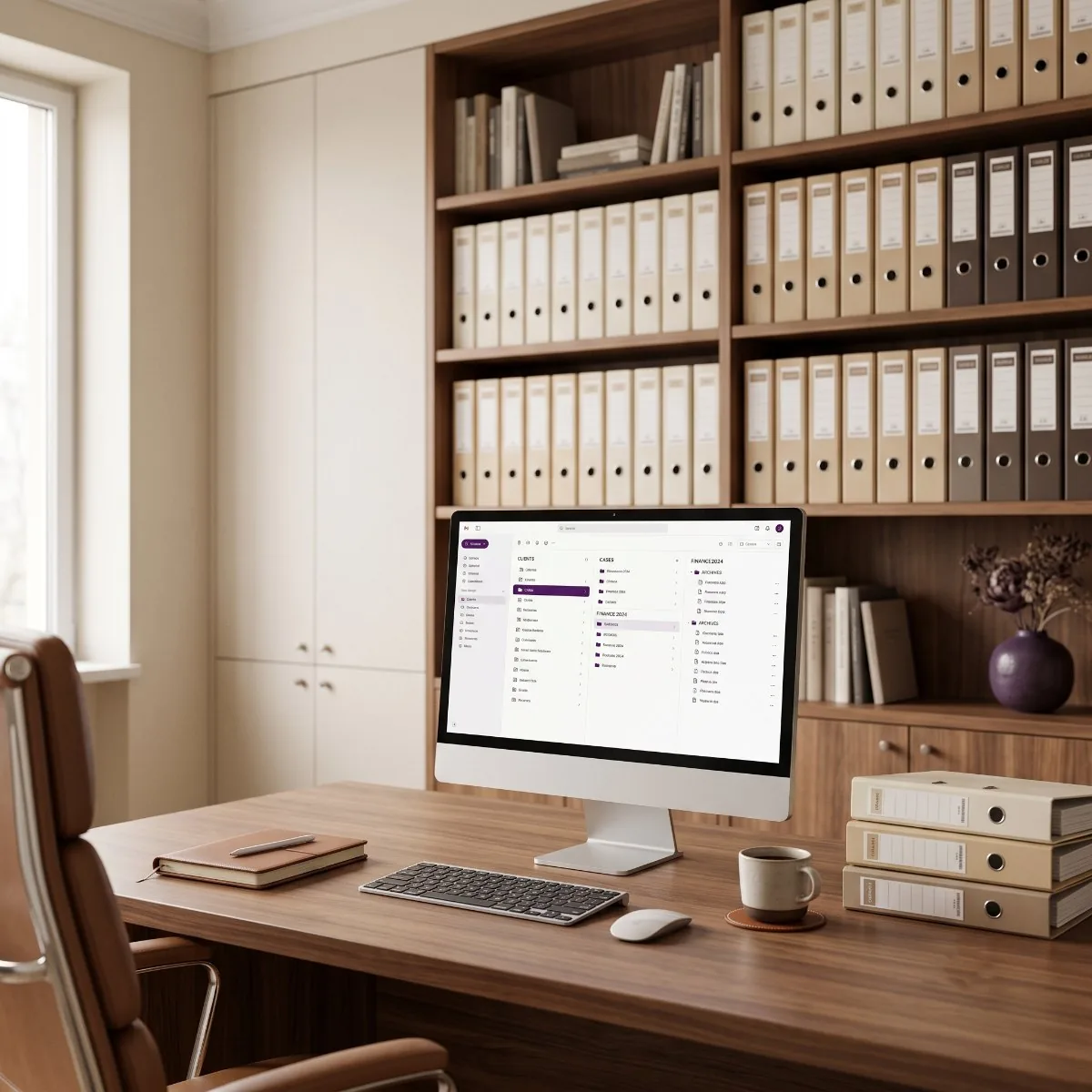 Bureau de cabinet avec documents classés automatiquement à l’écran