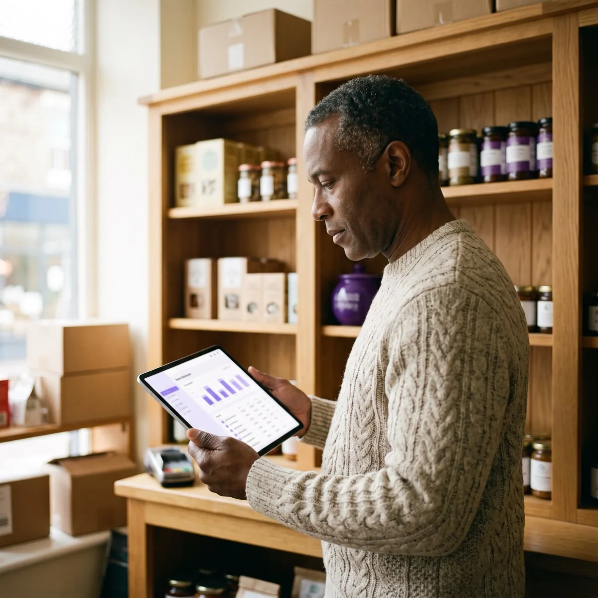 Commerçant consultant une alerte de réapprovisionnement sur une tablette, dans sa boutique