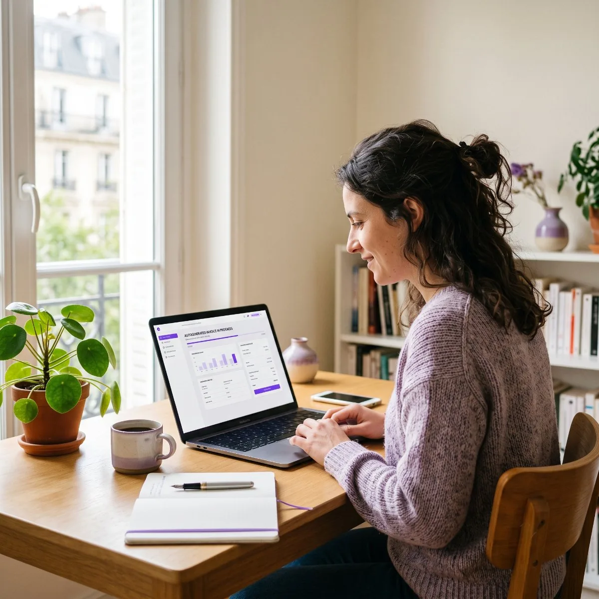 Freelance à son bureau, facture générée automatiquement à l'écran