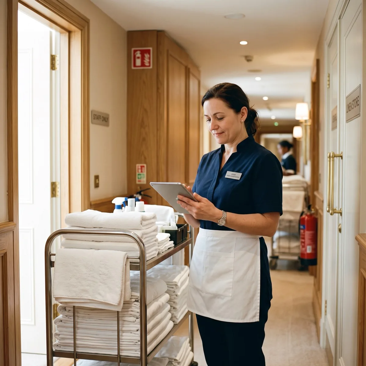 Hotel housekeeper checking the floor rota on a tablet beside a linen trolley