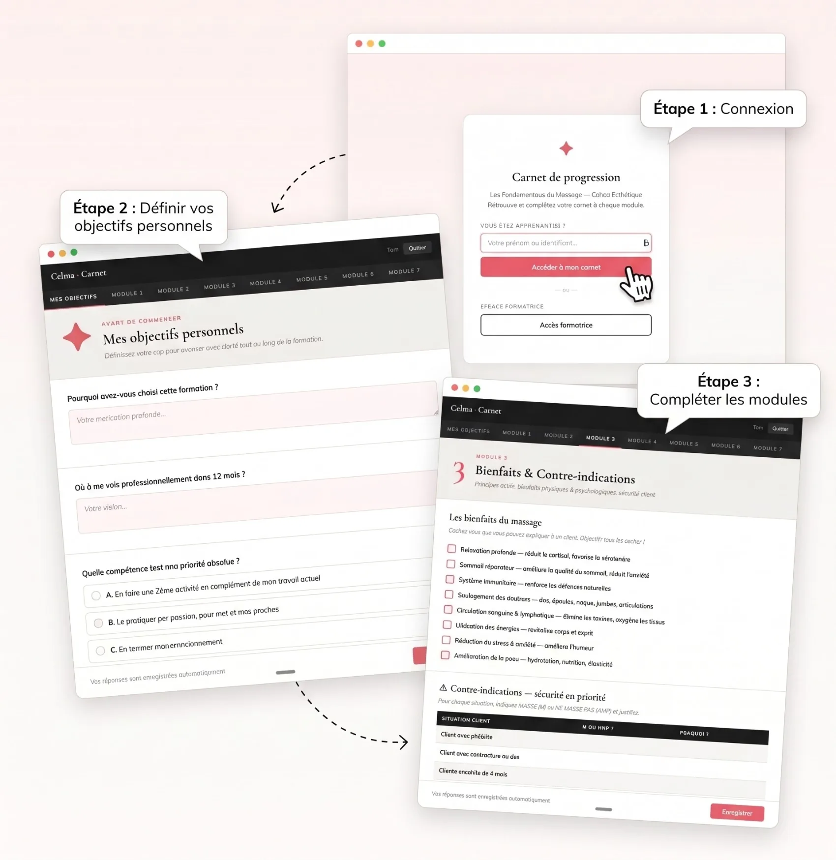 Carnet de progression Celma Esthétique — trois écrans de l'application